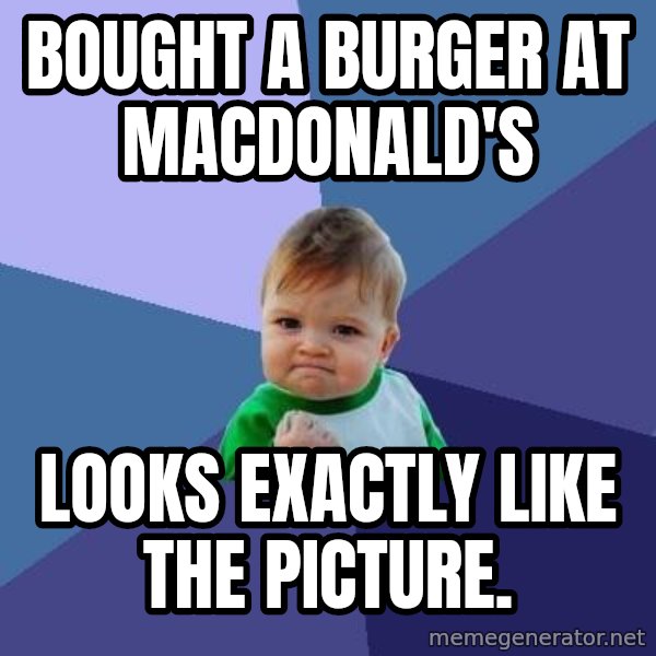 Success Kid meme: Bought a burger at macdonald's / looks EXACTLY like the picture.