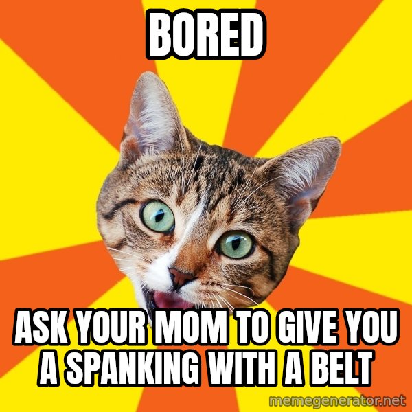 Bad Advice Cat meme: bored / ask your mom to give you a spanking with a belt