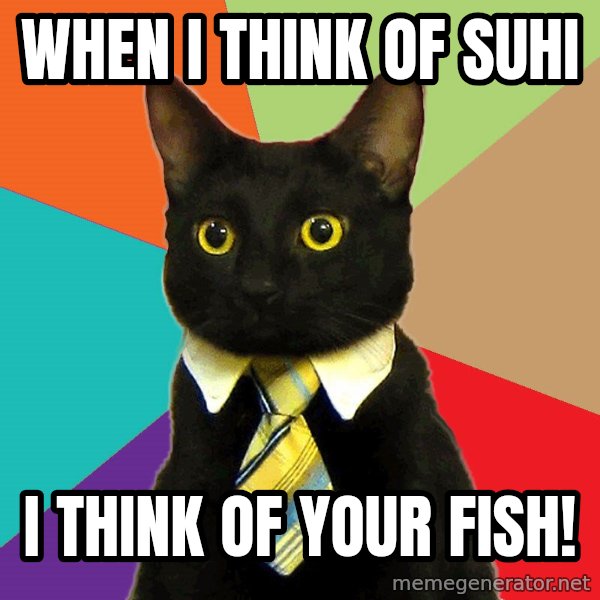 Business Cat meme: When I think of suhi / I think of your fish!