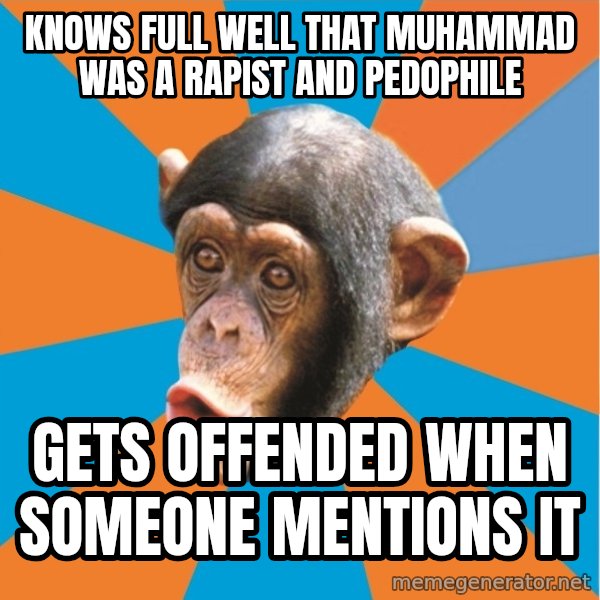 Stupid Monkey meme: Knows full well that Muhammad was a rapist and pedophile / gets offended when someone mentions it
