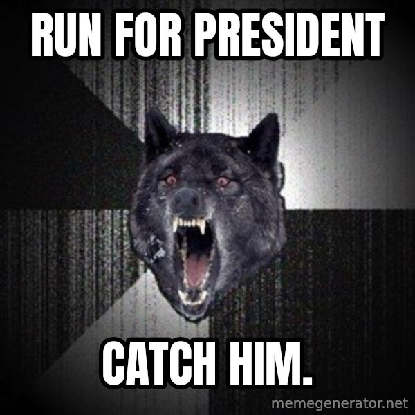 Insanity Wolf meme: Run for president / catch him.