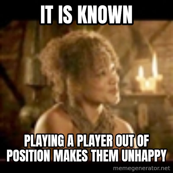 It Is Known Lady meme: It is known / playing a player out of position makes them unhappy