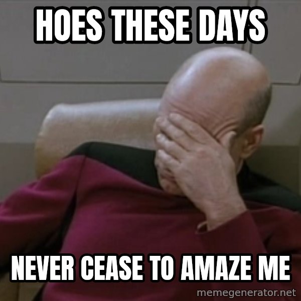 Picardfacepalm meme: Hoes these days / Never cease to amaze me