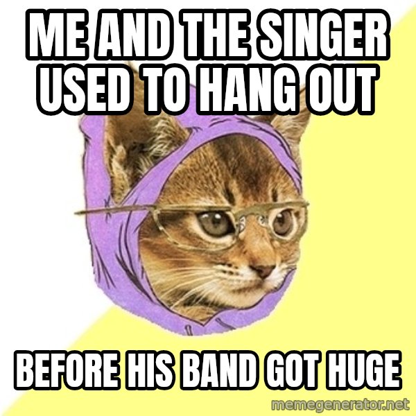 Hipster Kitty meme: me and the singer used to hang out / before his band got huge