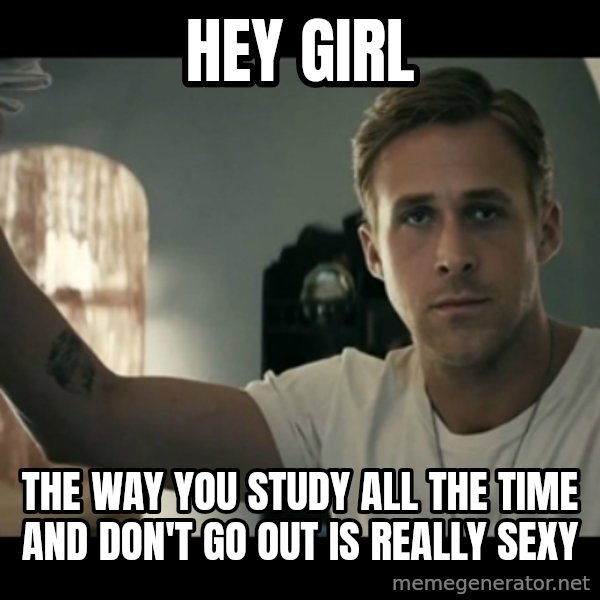 ryan gosling hey girl meme: HEY GIRL / THE WAY YOU STUDY ALL THE TIME AND DON'T GO OUT IS REALLY SEXY