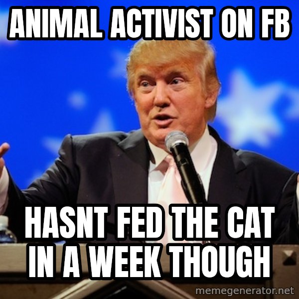 Annoying Facebook Girl meme: ANIMAL ACTIVIST ON FB / HASNT FED THE CAT IN A WEEK THOUGH