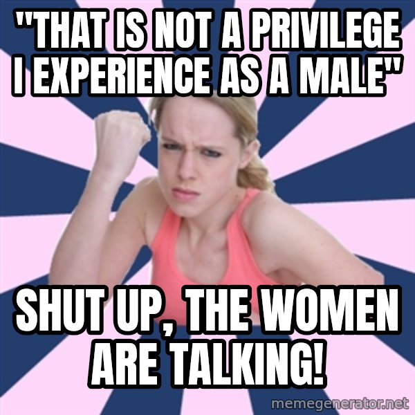 Social Justice Sally meme: "That is not a privilege I experience as a male" / shut up, the women are talking!