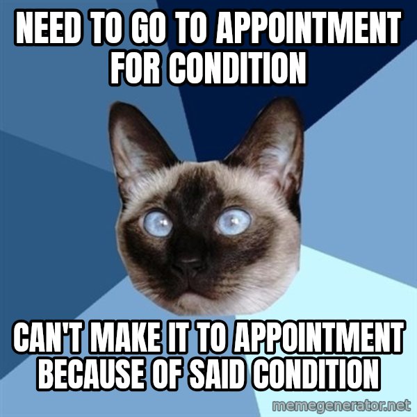 Chronic Illness Cat meme: need to go to appointment for condition / can't make it to appointment because of said condition