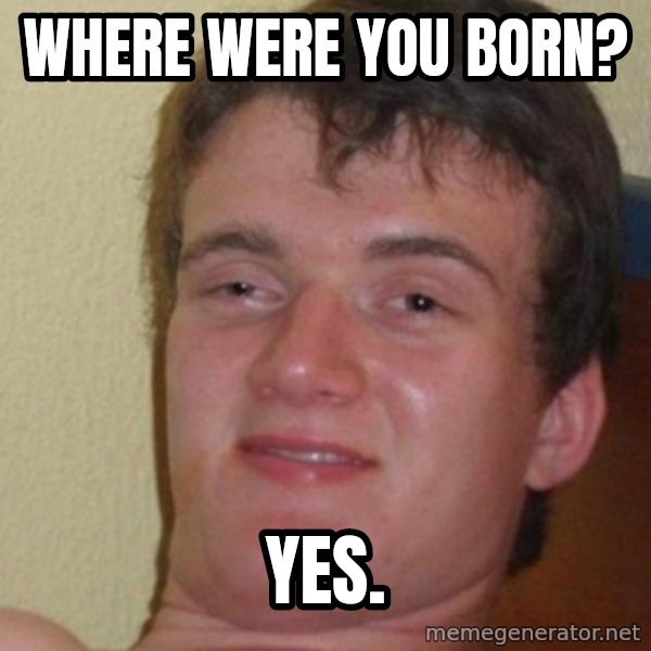 Really Stoned Guy meme: where were you born? / yes.