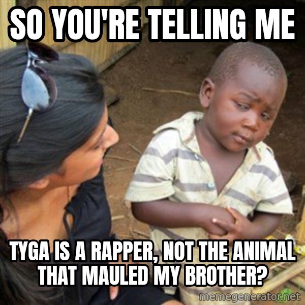 Skeptical 3rd World Kid meme: So you're telling me / tyga is a rapper, not the animal that mauled my brother?