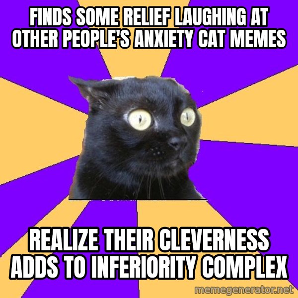Anxiety Cat meme: finds some relief laughing at other PEOPLE's anxiety cat memes / realize their cleverness adds to inferiority complex