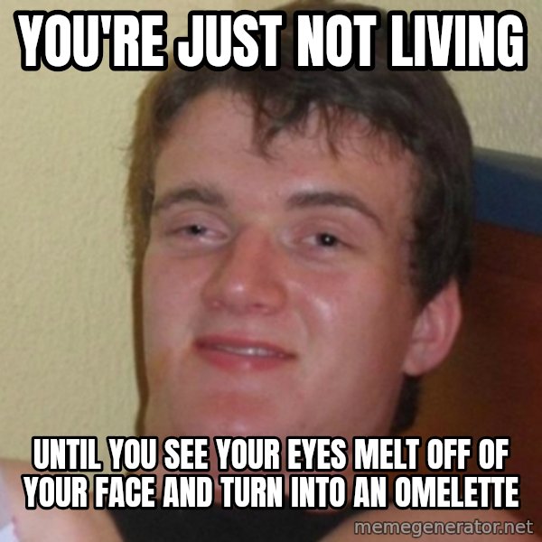 Really Stoned Guy meme: You're just not living / until you see your eyes melt off of your face and turn into an omelette