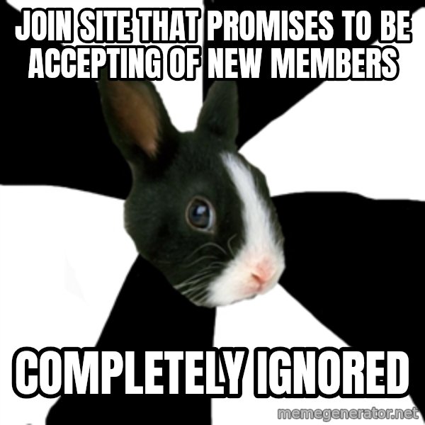 Roleplaying Rabbit meme: JOIN SITE THAT PROMISES TO BE ACCEPTING OF NEW MEMBERS / COMPLETELY IGNORED