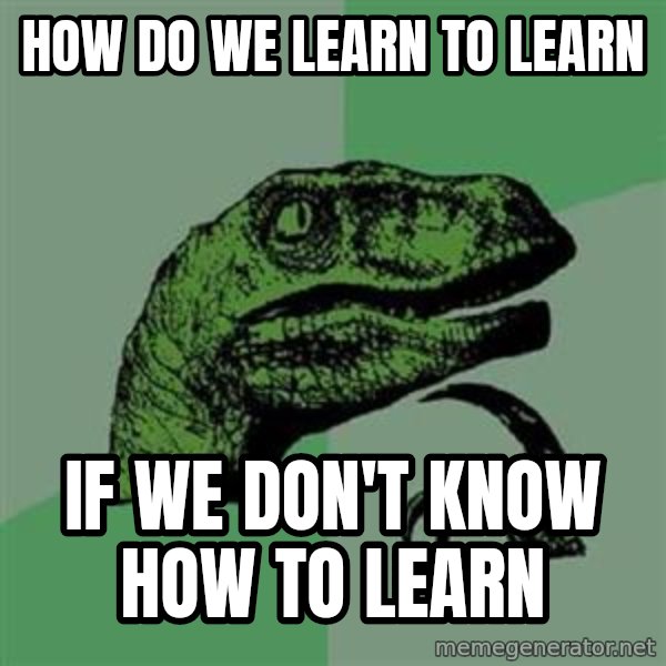 Philosoraptor meme: How do we learn to learn / If we don't know how to learn