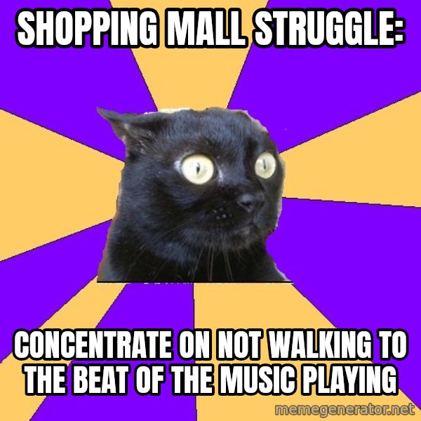 Anxiety Cat meme: shopping mall struggle: / CONCENTRATE ON NOT WALKING TO THE BEAT oF THE MUSIC PLAYING