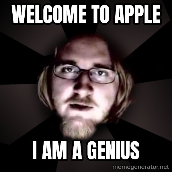 typical atheist meme: WELCOME TO APPLE / I AM A GENIUS