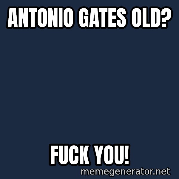 Surprised Philip Rivers meme: Antonio Gates old? / Fuck you!