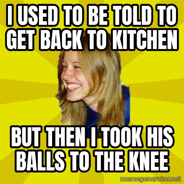 Trologirl meme: i used to be told to get back to kitchen / but then i took his balls to the knee
