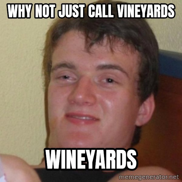 Really Stoned Guy meme: why not just call vineyards / wineyards