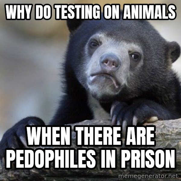 Confession Bear meme: Why do testing on animals / when there are pedophiles in prison
