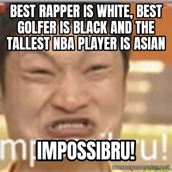 Impossibru Guy meme: bEST RAPPER is white, best golfer is black and the tallest nba player is asian / impossibru!