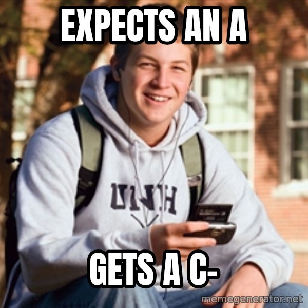 College Freshman meme: expects an a / gets a c-