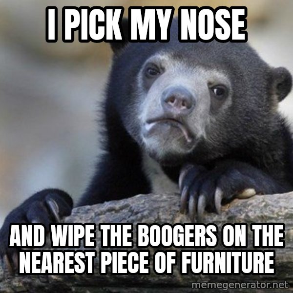 Confession Bear meme: i pick my nose / and wipe the boogers on the nearest piece of furniture