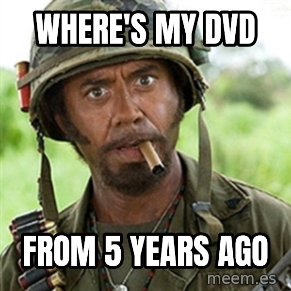 Tropic Thunder Downey meme: Where's my dvd / From 5 years ago
