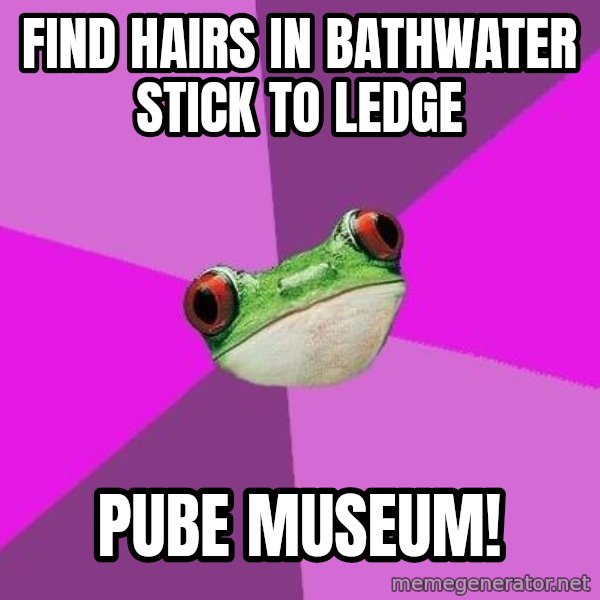 Foul Bachelorette Frog meme: find hairs in bathwater   stick to ledge / pube museum!