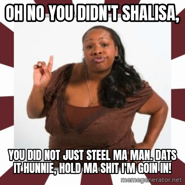 Sassy Black Woman meme: OH NO YOU DIDN'T SHALISA, / YOU DID NOT JUST STEEL MA MAN. DATS IT HUNNIE, HOLD MA SHIT I'M GOIN IN!