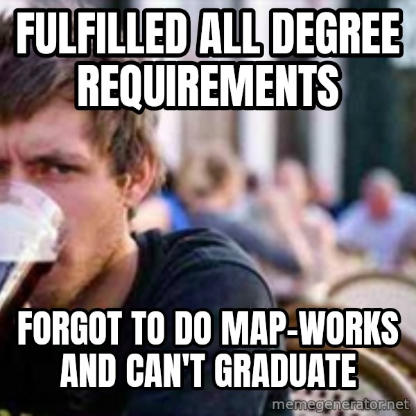 The Lazy College Senior meme: fulfilled all Degree requirements / Forgot to do map-works and can't graduate