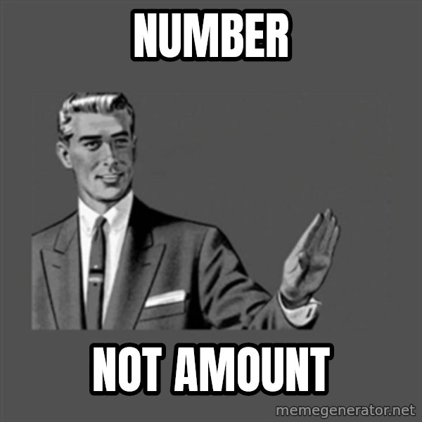 Grammar Guy meme: number / not amount