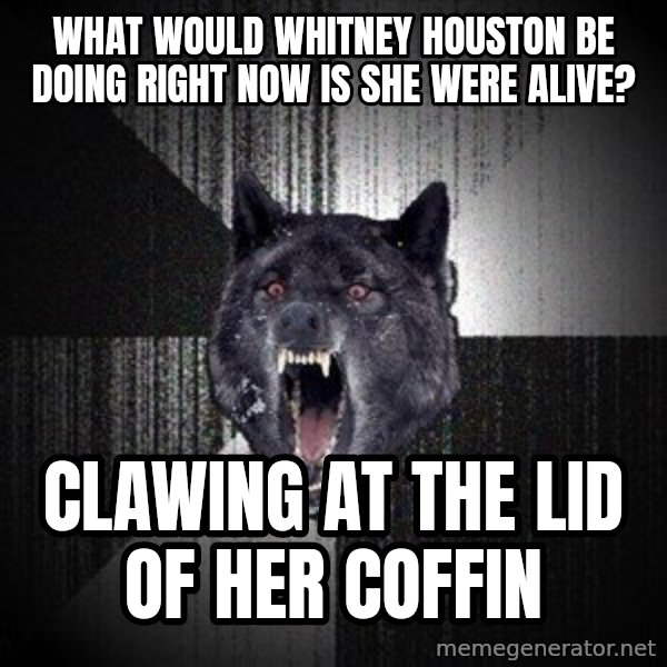 Insanity Wolf meme: What would whitney houston be doing right now is she were alive? / clawing at the lid of her coffin