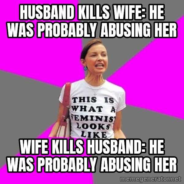Feminist Cunt meme: husband kills wife: he was probably abusing her / wife kills husband: he was probably abusing her