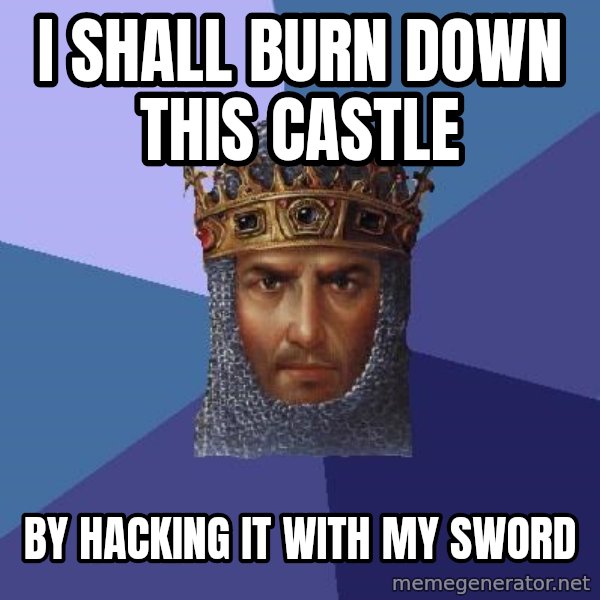 Age Of Empires meme: I Shall burn down this castle / By hacking it with my sword
