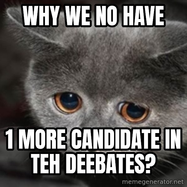 Sadcat meme: WHY WE NO HAVE / 1 MORE CANDIDATE IN TEH DEEBATES?