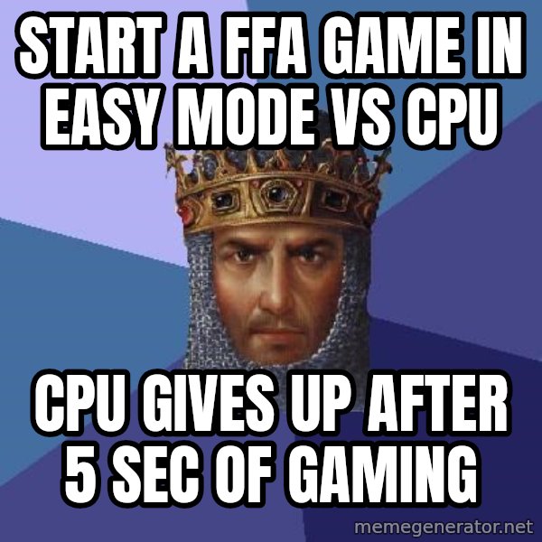 Age Of Empires meme: start a ffa game in easy mode vs cpu / cpu gives up after 5 sec of gaming