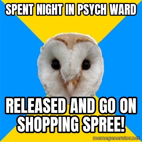 Bipolar Owl meme: Spent night in psych ward / released and go on shopping spree!