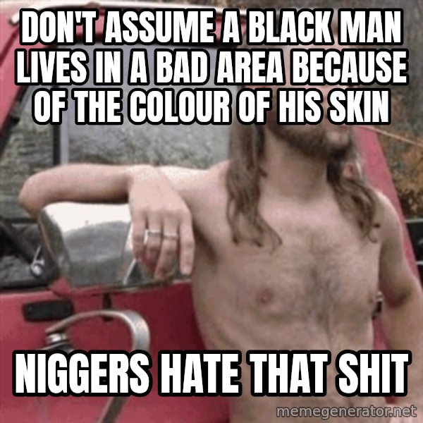 Almost Politically Correct Redneck meme: don't assume a black man lives in a bad area because of the colour of his skin / niggers hate that shit