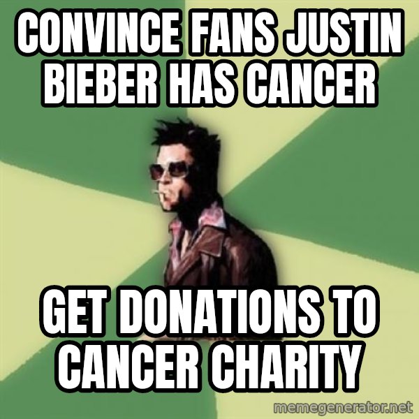Tyler Durden meme: Convince fans justin bieber has cancer / get donations to cancer charity
