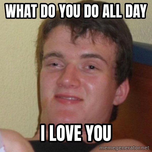 Really Stoned Guy meme: what do you do all day / I LOVE YOU