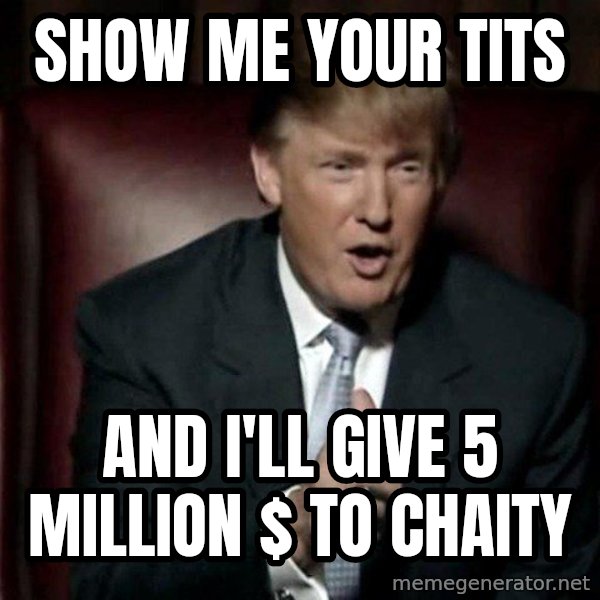 Donald Trump meme: Show me your tits / and i'll give 5 million $ to chaity