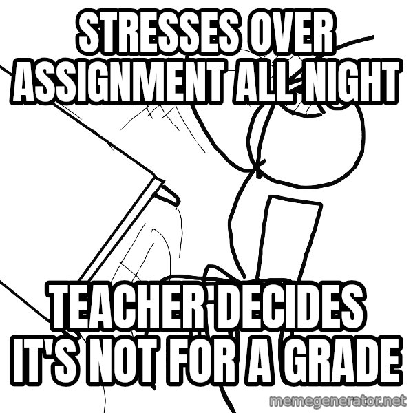 Desk Flip Rage Guy meme: Stresses over assignment all night / Teacher decides it's not for a grade