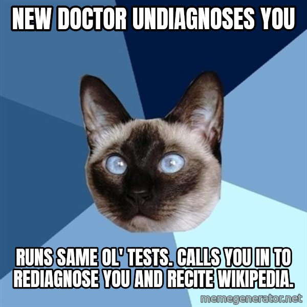 Chronic Illness Cat meme: NEW DOCTOR UNDIAGNOSES YOU / RUNS SAME OL' TESTS.  CALLS YOU IN TO REDIAGNOSE YOU AND RECITE WIKIPEDIA.