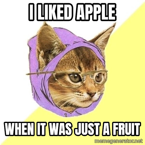 Hipster Kitty meme: i liked apple / WhEN IT WAS JUST A FRUIT