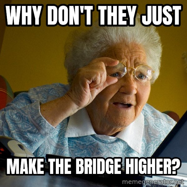 Internet Grandma Surprise meme: why don't they just / make the bridge higher?