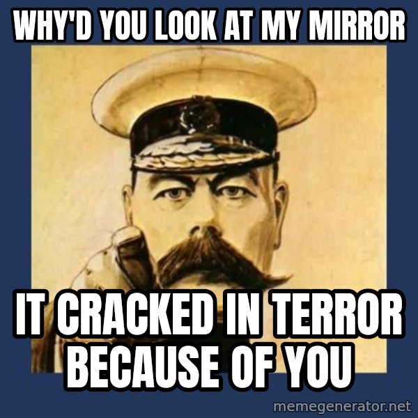 your country needs you meme: WHY'D YOU LOOK AT MY MIRROR / IT CRACKED IN TERROR BECAUSE OF YOU
