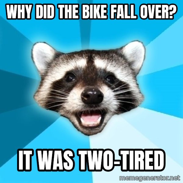 Lame Pun Coon meme: Why did the bike fall over? / it was two-tired