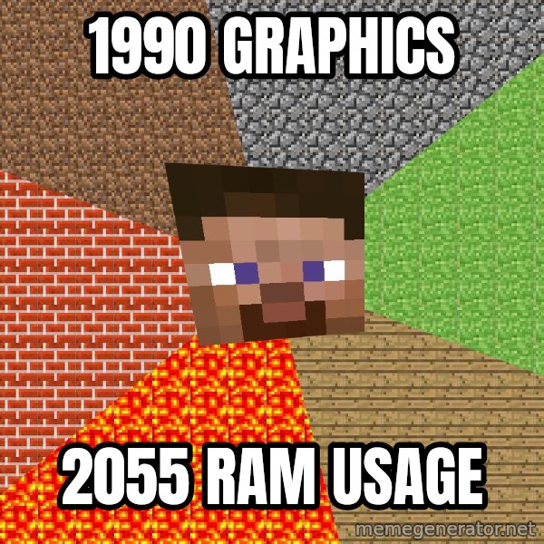 Minecraft Guy meme: 1990 GRAPHICS / 2055 RAM USAGE