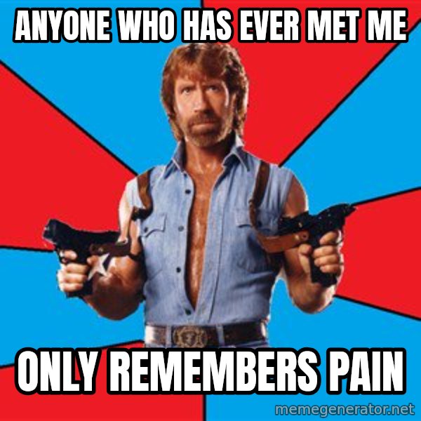Chuck Norris  meme: anyone who has ever met me / only remembers pain